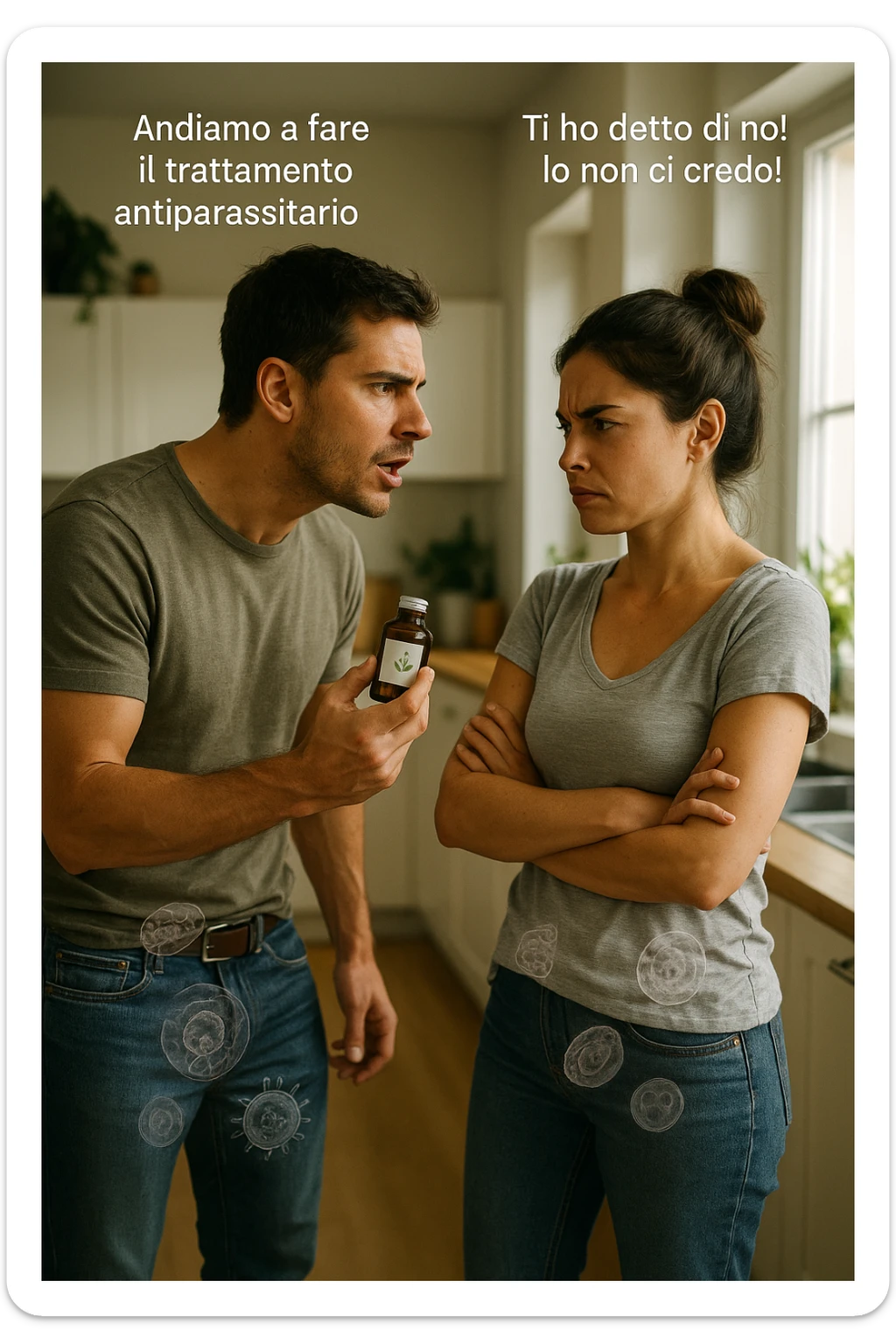 A highly realistic, cinematic photo of a young couple in their early 30s having an argument in a bright modern kitchen. The man, athletic build, wearing a casual T-shirt and jeans, is speaking firmly with a raised hand holding a small amber glass bottle labeled with a subtle herbal symbol, saying 'Andiamo a fare il trattamento antiparassitario' with a determined expression. The woman, with long dark hair tied in a messy bun, casual home outfit, crosses her arms with an angry, defensive expression, replying 'Ti ho detto di no! Io non ci credo!' while slightly turning away. Tension is visible in their body language, with the man leaning forward trying to explain and the woman leaning back, her eyebrows furrowed. Around them, subtle ghostly overlays of microscopic parasites are faintly visible near their abdominal areas, symbolizing the hidden reason for the argument. The kitchen is bright and modern with plants and natural light, contrasting the emotional tension. The style is hyperrealistic with warm tones and shallow depth of field focusing on their facial expressions, illustrating the conflict between belief in natural treatments and skepticism within the couple regarding hidden parasitic infections. in italiano sticker