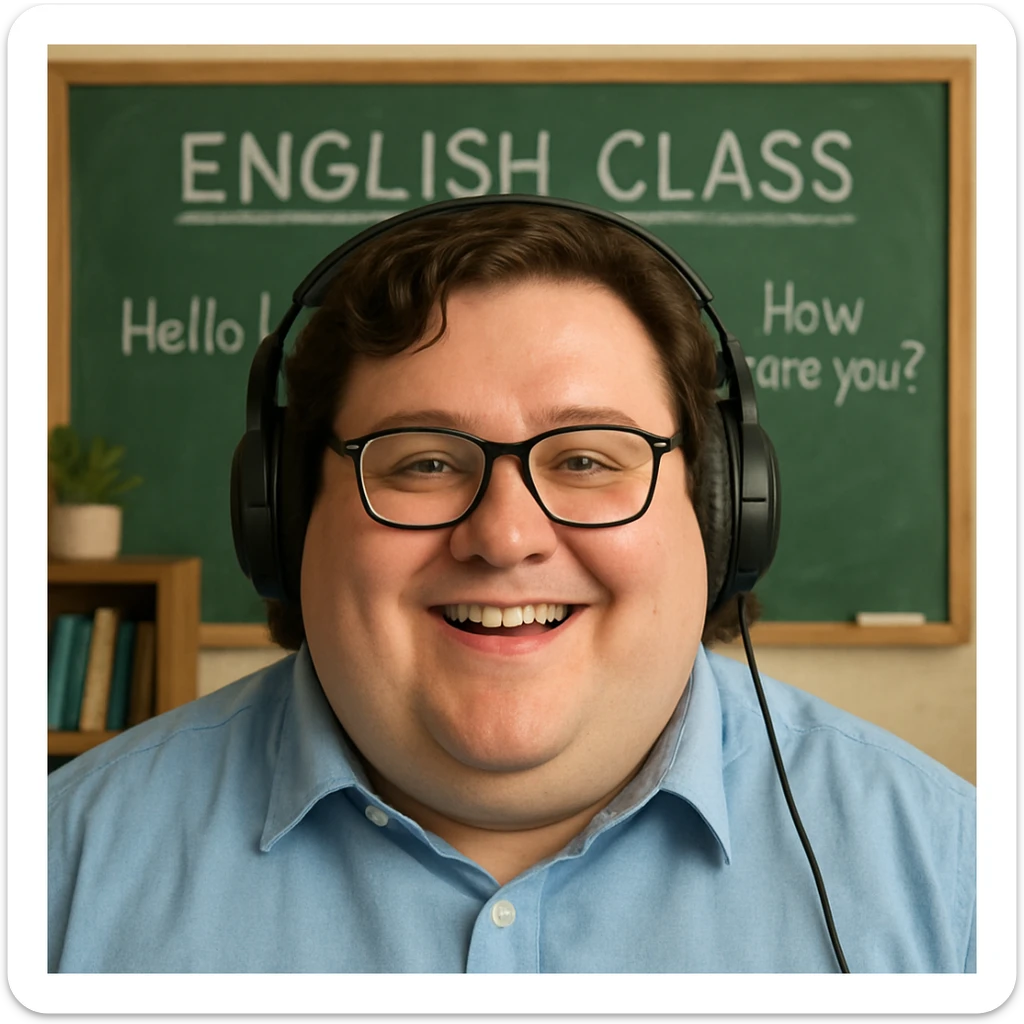 chubby English teacher with wavy brown hair, happy, gamer, online class background, only face sticker