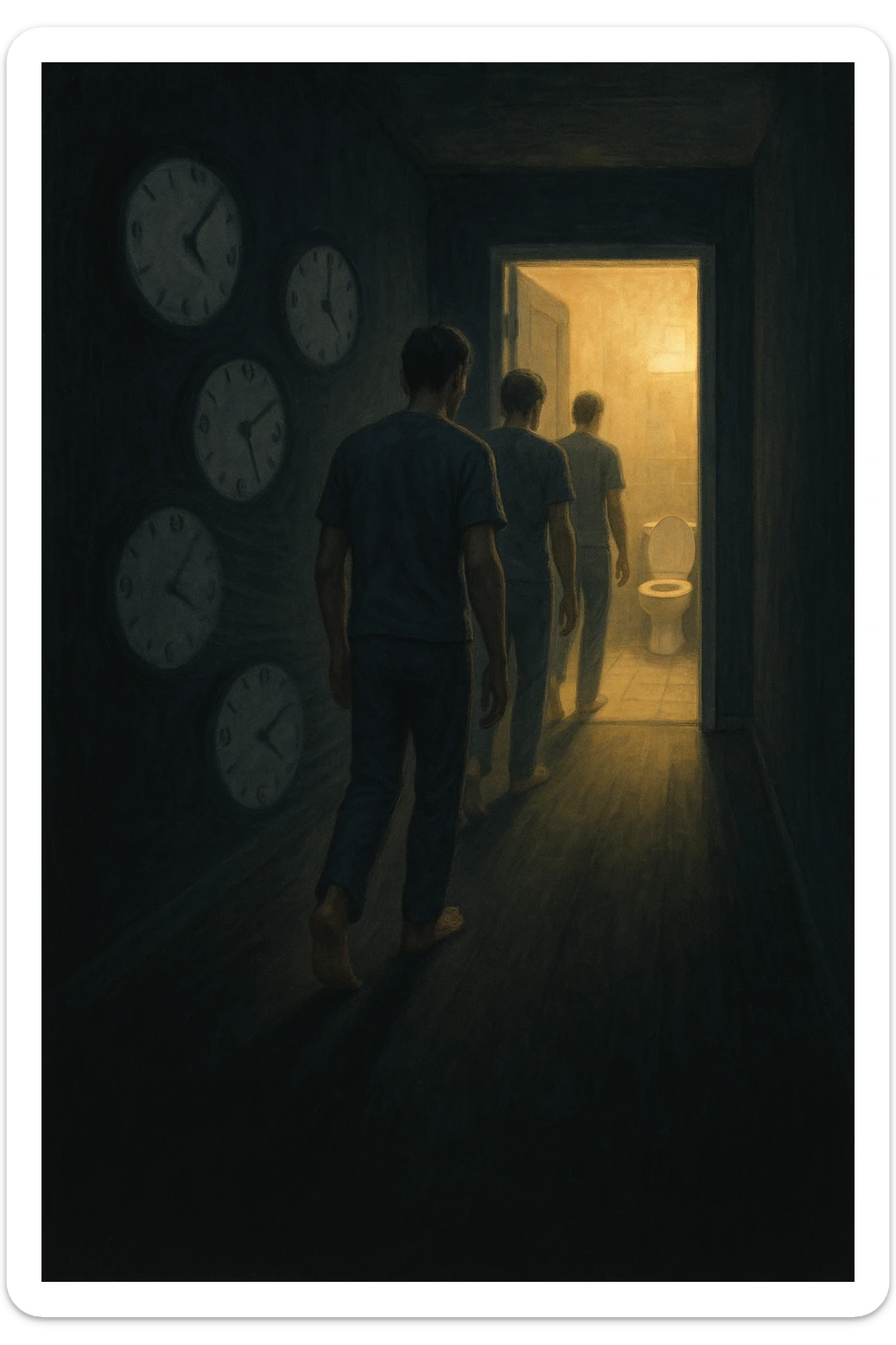 In una scena notturna onirica, un uomo cammina a piedi nudi in un corridoio buio verso un bagno illuminato, ripetutamente. Dietro di lui, come in una scia, ci sono orologi sfocati che simboleggiano il sonno interrotto. Ogni passo è lento, stanco, come se il corpo chiedesse riposo ma la vescica non lo permettesse. sticker