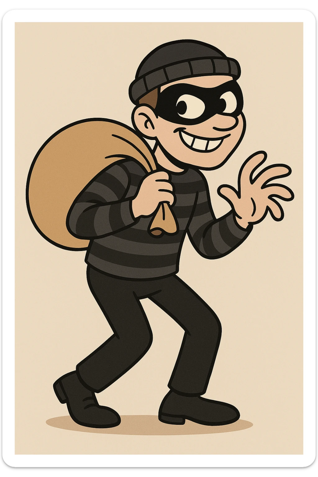 classic burglar with black eye mask, black stripes, and a mischievous grin, cartoon style sticker