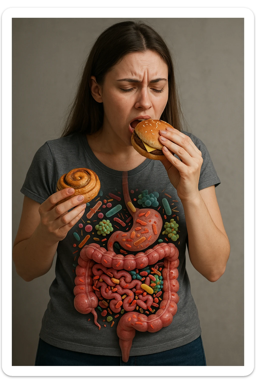 donna con batteri cattivi pieni nel suo intestino immagini realistiche mangia alimentazione ricca di glutine e zuccheri alimentando tutti i batteri cattivi sticker