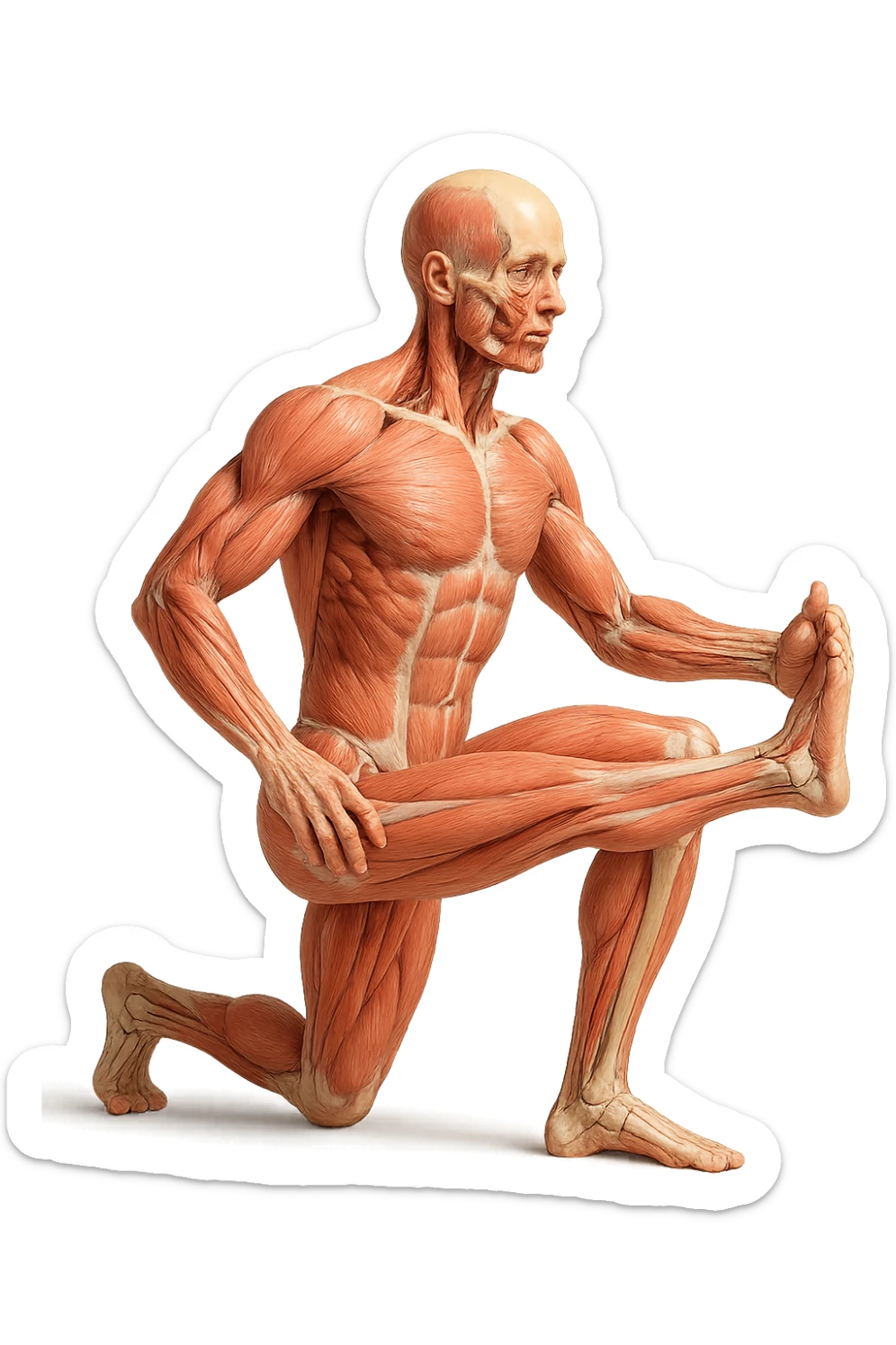 CORPO UMANO ANATOMICO REALISTICO CHE FA UN ESERCIZIO DI MOBILITà ARTICOLARE ALLE GAMBE, IPERREALISTICO 4K sticker