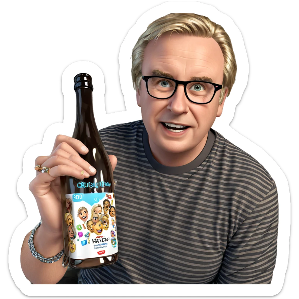 boy holding jewelry and bottle sticker