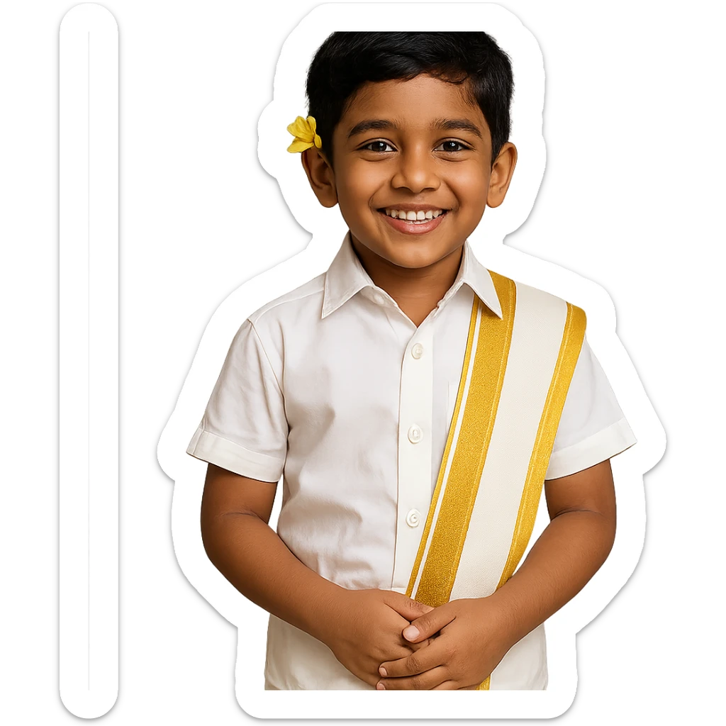 A Tamil boy dressed for a festival, wearing a crisp white veshti, shirt, and a gold-bordered angavastram, with a flower tucked behind his ear, smiling. sticker