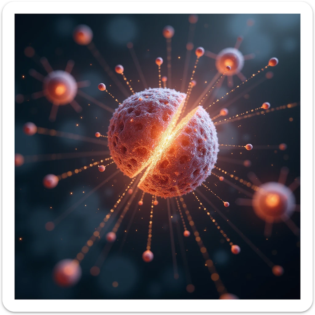 photorealistic image of atoms splitting, showing the nucleus dividing, energetic release, glowing particles, dynamic scientific scene sticker