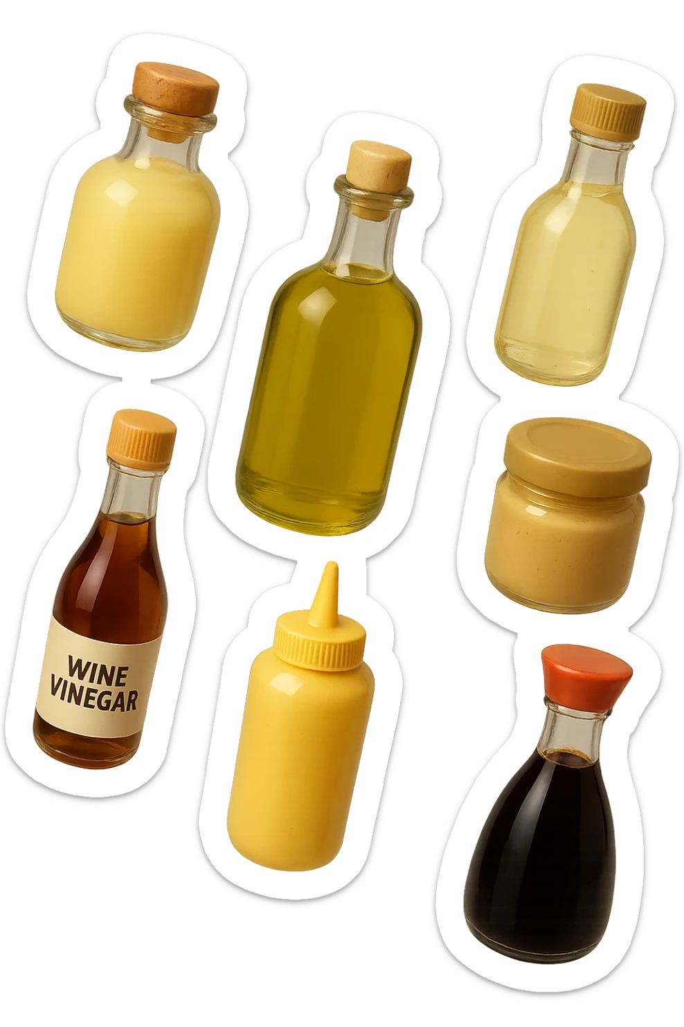 emoji stile iphone 3d di questi elementi che fluttuano in aria sparsi casualmente:

Olio extravergine d’oliva, burro chiarificato
Olio all’aglio (senza pezzetti)
Aceto di vino, aceto di riso, senape, tahin
Salsa di soia fermentata (senza aglio/cipolla)


 che fluttuano sparse casualmente in aria, iperealistico 4k sticker