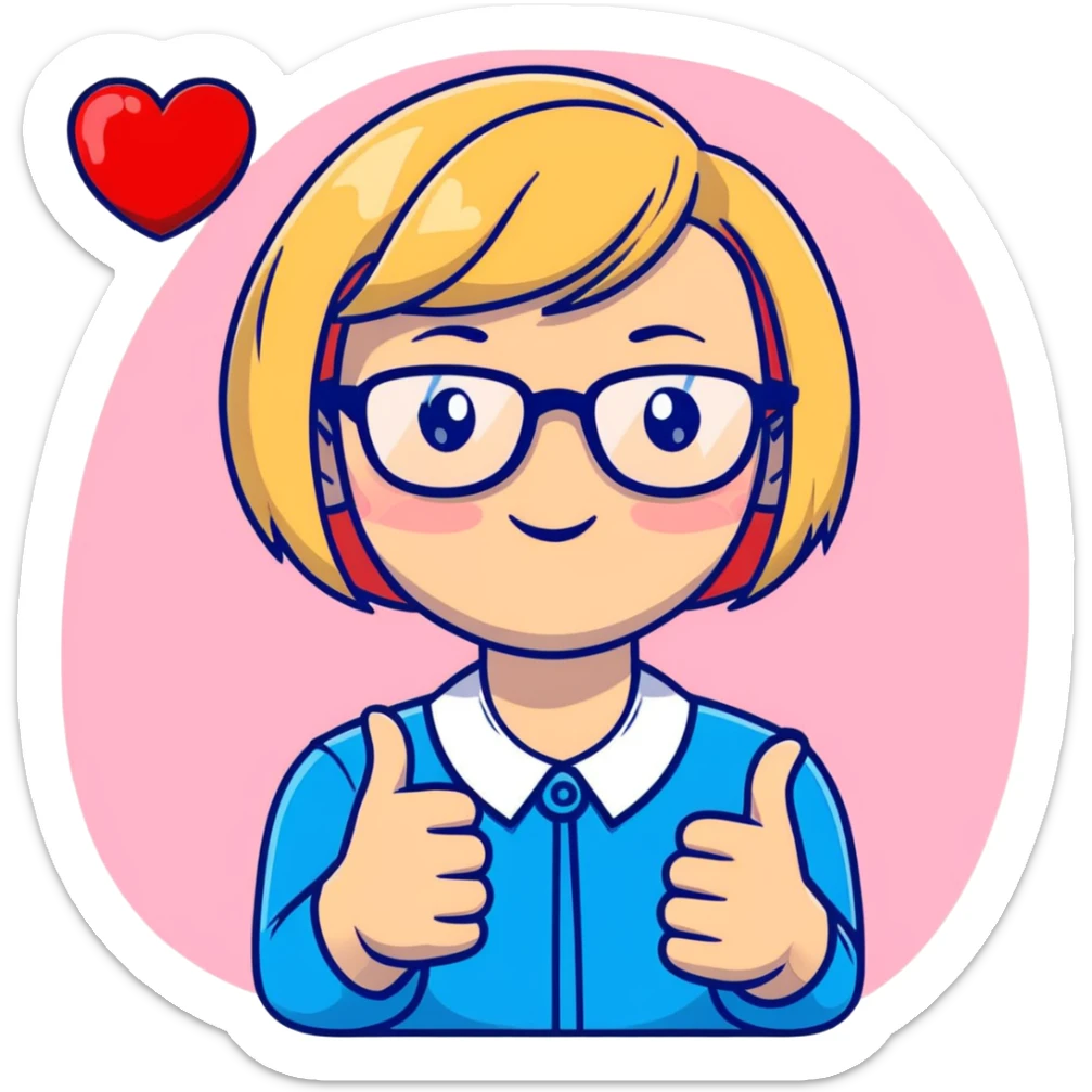 cute cartoon female psychologist with short blonde bob, red-rimmed glasses, pink red yellow palette, giving supportive thumbs up, surrounded by hearts sticker