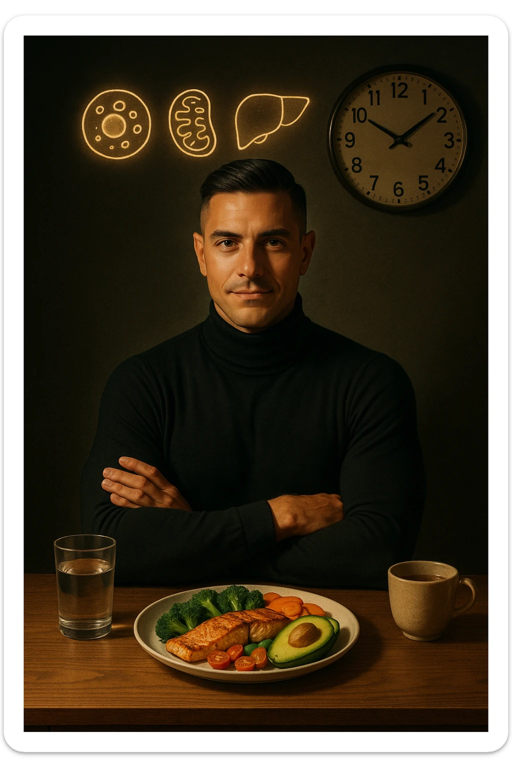 A realistic, cinematic illustration of a healthy, fit man in his early 30s with a calm, disciplined expression, sitting at a clean wooden table in the evening with a single, balanced, nutrient-dense meal in front of him (grilled salmon, colorful vegetables, avocado). The rest of the day he drinks only water and herbal tea, visible in a glass and a simple cup on the side. A wall clock in the background shows 6:00 PM, emphasizing that this is his only meal of the day (OMAD). Subtle glowing icons above him display a regenerating cell, mitochondria, and a liver symbol, representing autophagy, longevity, and health benefits of OMAD. The lighting is warm, with cinematic shadows and natural tones, creating a sense of discipline, mental clarity, and health optimization. The man looks centered and content, showing that OMAD is a conscious choice for energy and regeneration, not restrizione. The scene is realistic with slight film grain for depth sticker