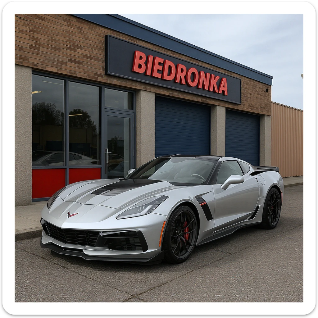 Photo of a Corvette Z06 silver parked next to polish shop "biedronka" sticker