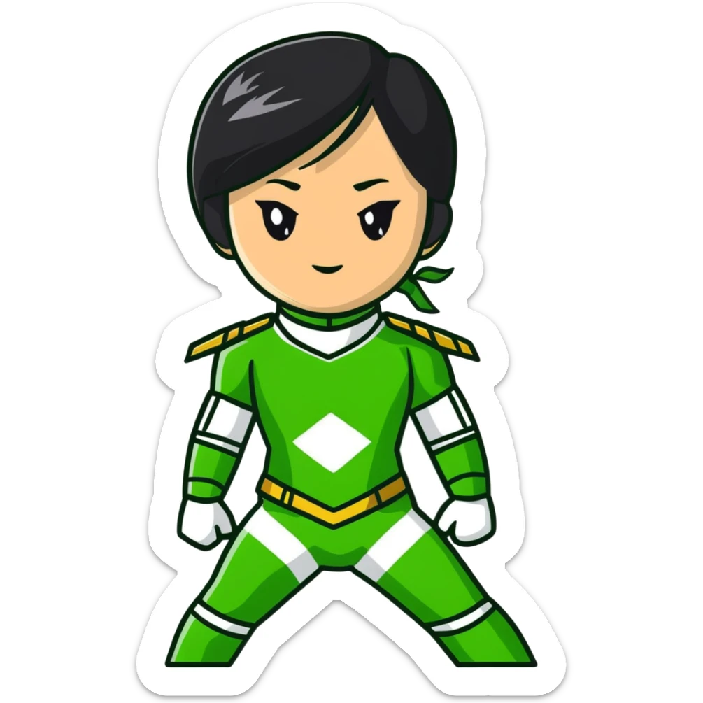 wasian girl in a green Power Ranger suit, black straight hair, black eyes sticker