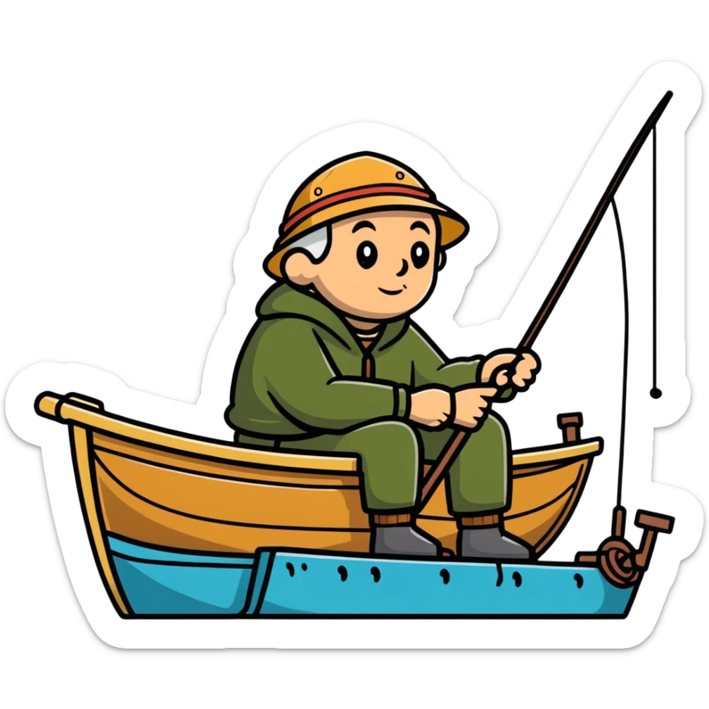elderly fisherman sitting in boat with fishing rod sticker