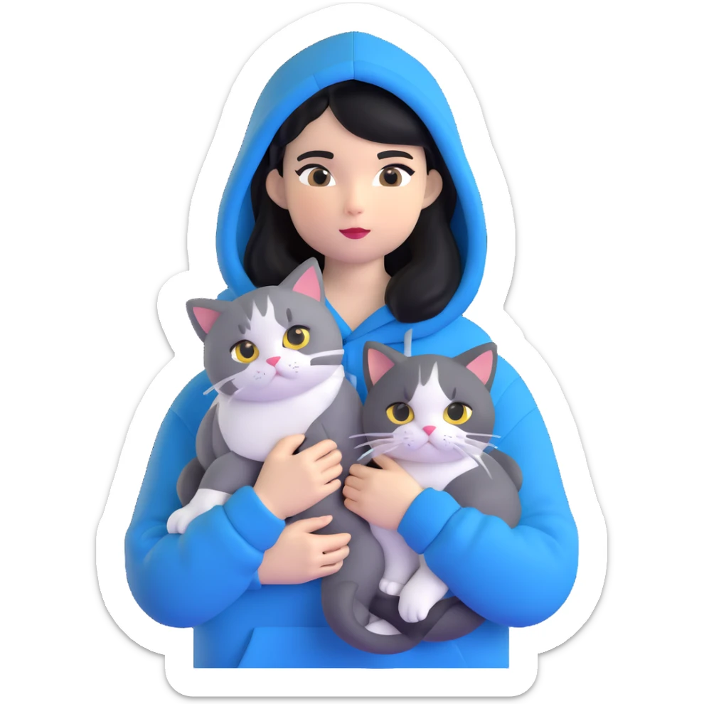 Girl with black hair in gray hoodie with a British shorthair blue and white cat and a long-haired blue and white cat sticker