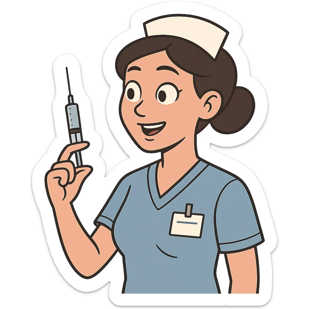 a modern day asian woman nurse holding a vaccination needle sticker