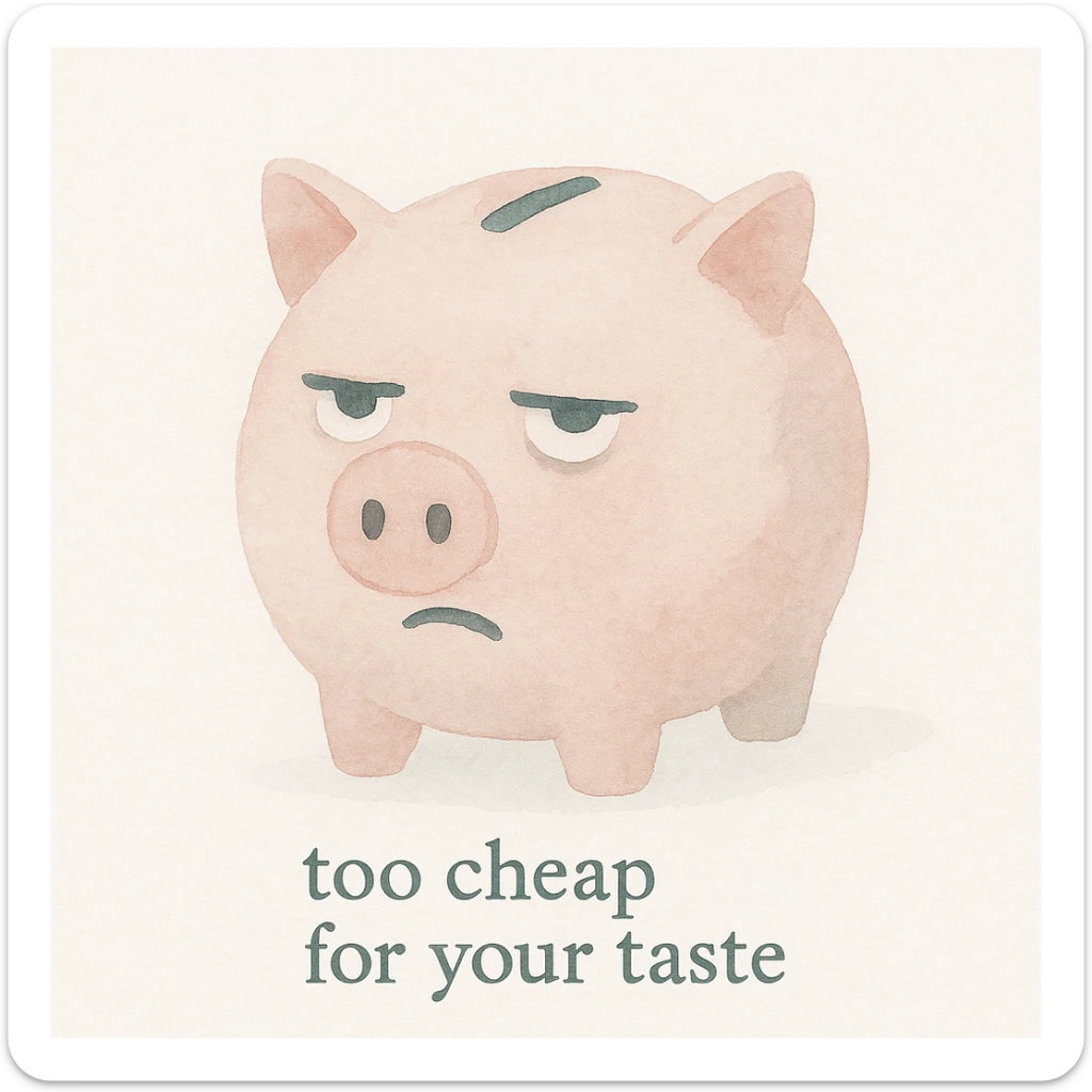 watercolor art style emoji of a piggy bank with a sarcastic expression and the phrase 'too cheap for your taste' sticker