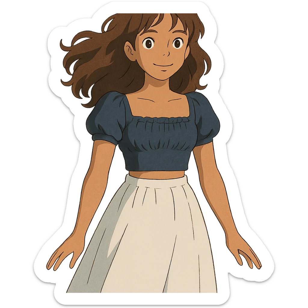 tan girl with wavy hair, white long skirt, navy blue ruched square neck crop top sticker