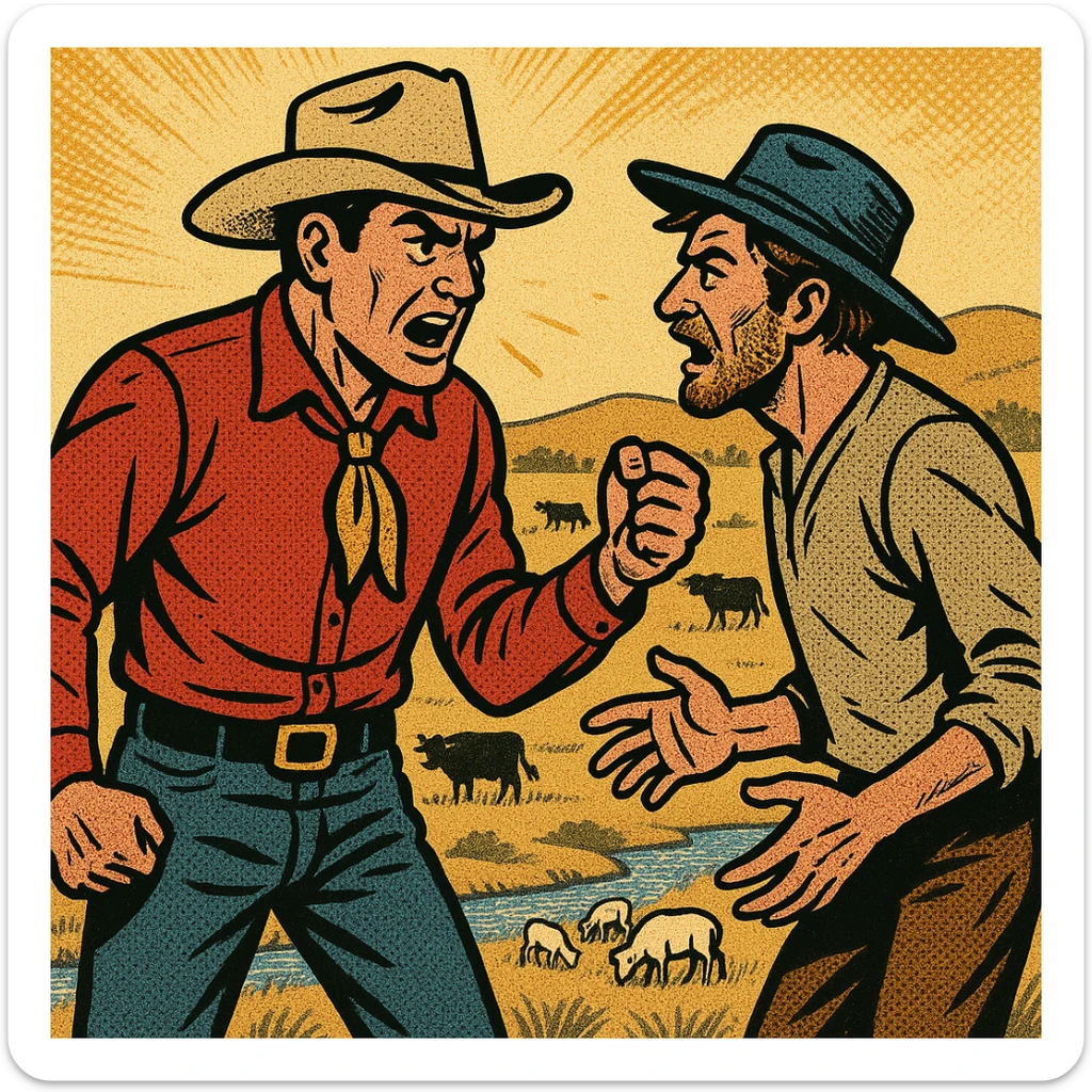 The full bodies of a wealthy male cattle ranch owner wearing a cowboy hat in a heated argument with a homesteader in the American West.  The background shows land with grazing cattle and sheep with a small stream. sticker