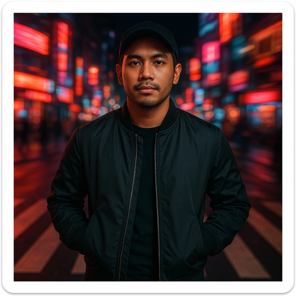 Create a cinematic photo of a Southeast Asian man in his early 30s with sawo matang skin, standing in a crosswalk at night with neon city background and spiral motion blur. The man has hands in pockets, black cap, bomber jacket, confident and calm expression, soft light on face, urban nightlife, fashion editorial look. Use the reference image for facial structure. sticker