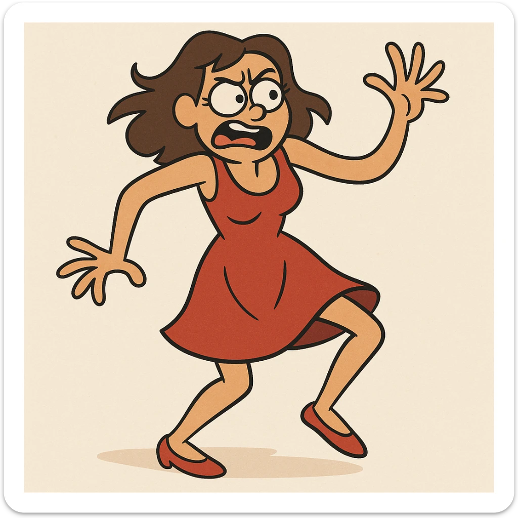 woman in a red dress dancing off-beat, playful, energetic, minimal background sticker