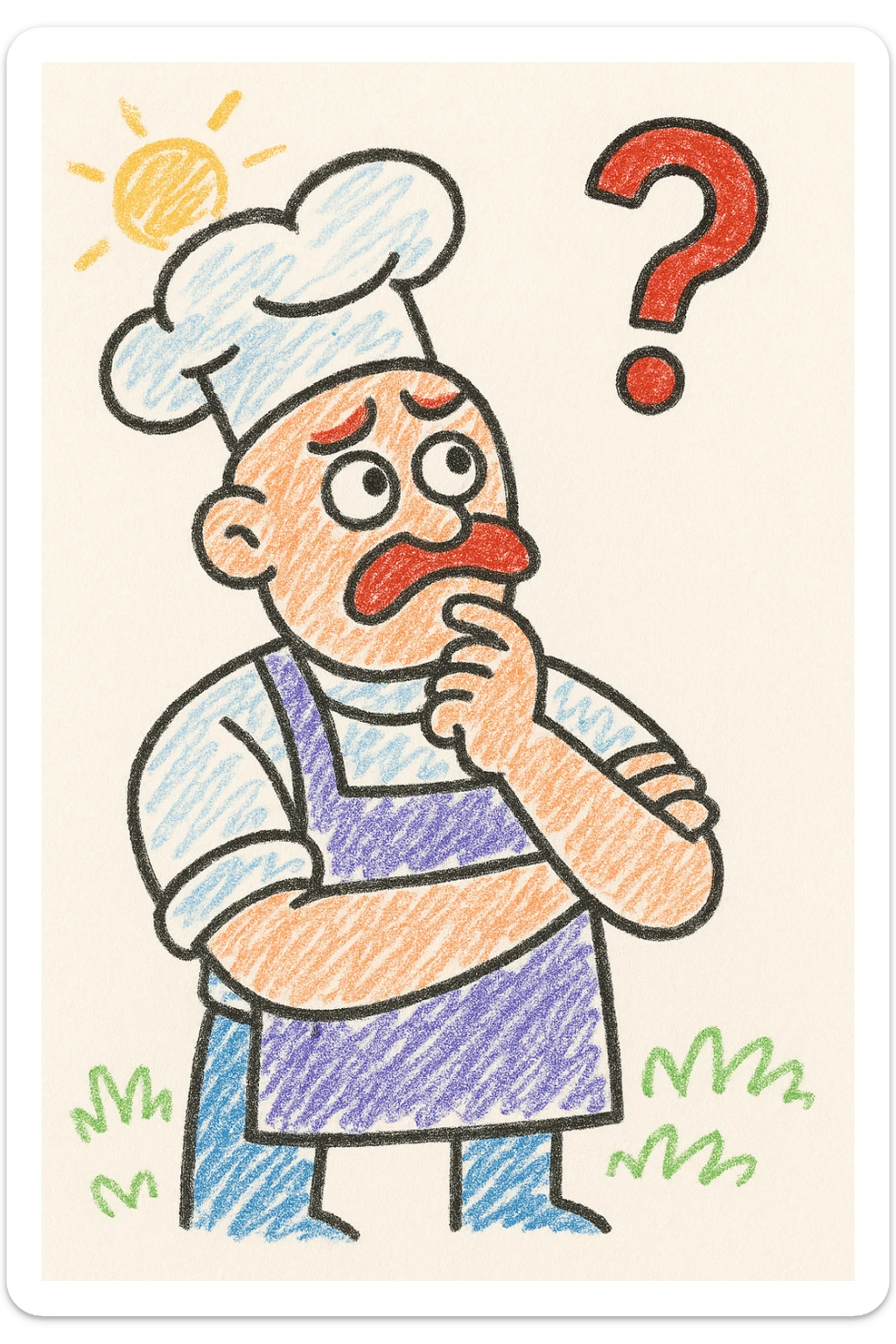Convert to a children's doodle style emoji, thinking chef with a question mark above the head, cuter and simpler style. sticker