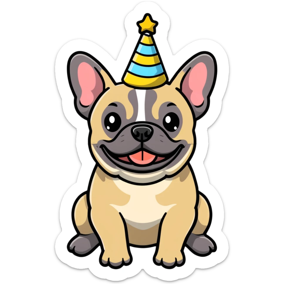 Brindle French Bulldog holding a happy birthday sign sticker