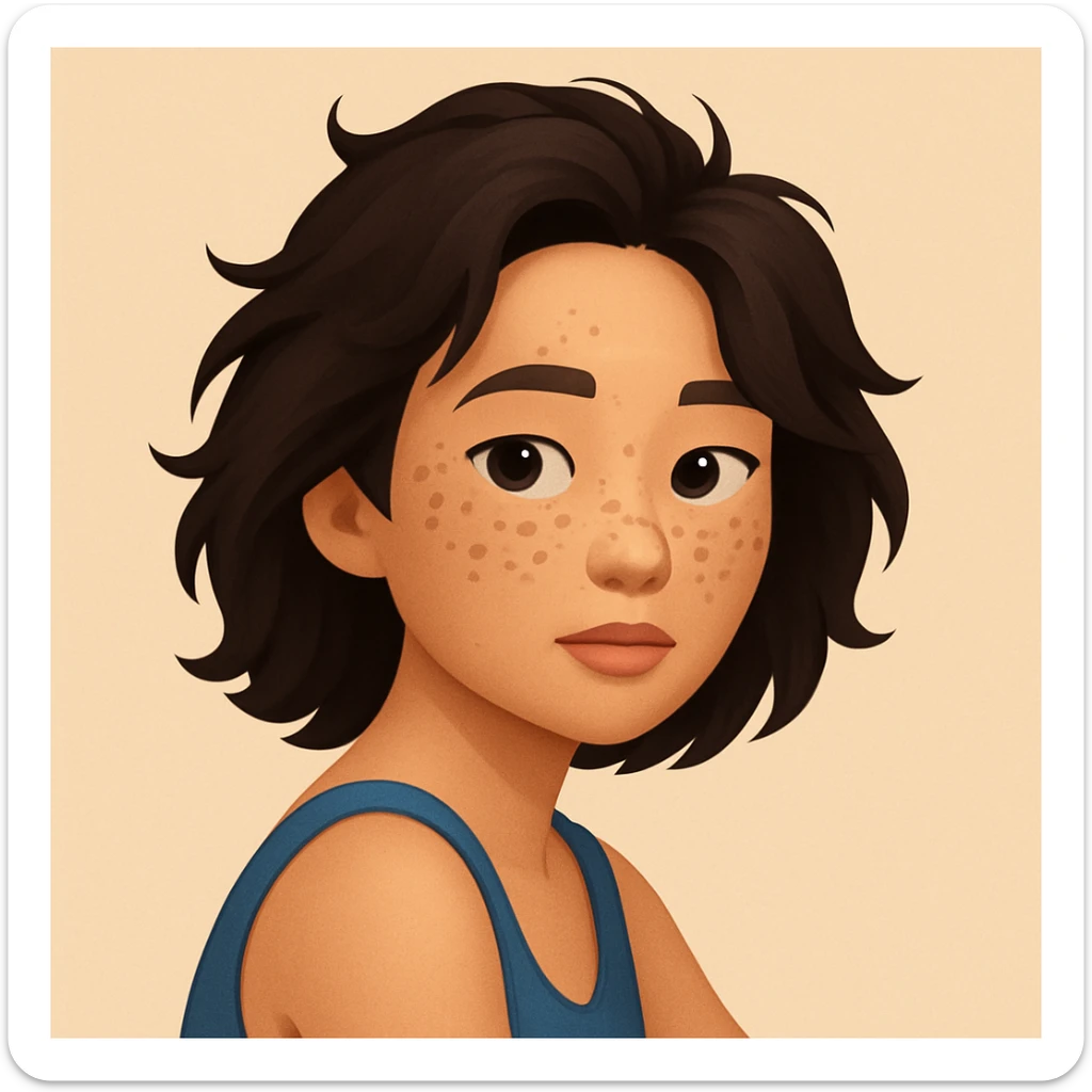 turn the second man in emoji style of the 1st image, match the facial features and match dressing style of the 2nd image, she is wearing blue tank top lose, side pose sticker