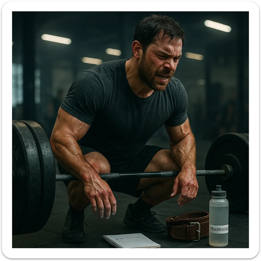 Inspired by the style and colors of the provided image, depict an athletic 30-year-old man doing a heavy deadlift, evident sweat, hands with chalk, diary nearby, dark circles and redness on joints. On the floor: water bottle, magnesium, belt. Background: blurred gym with cold lighting. Cinematic realism. sticker