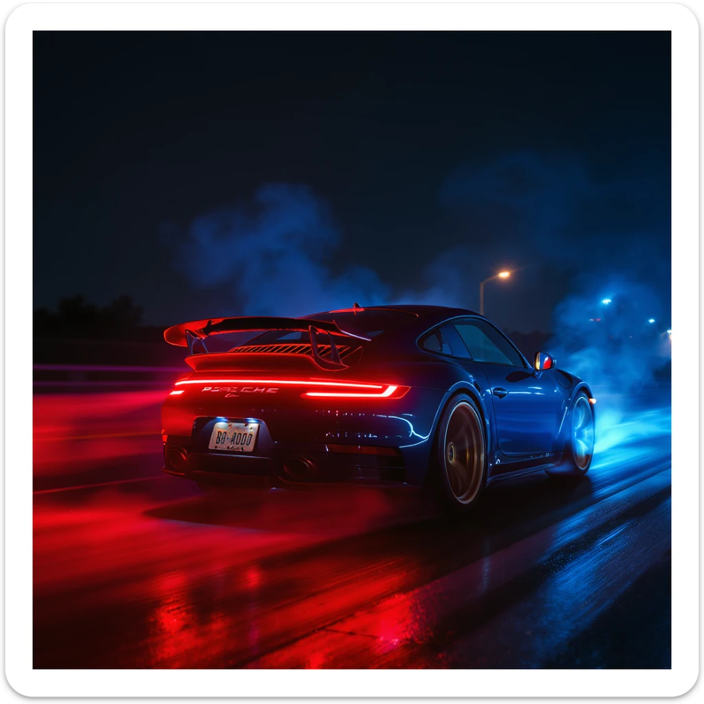 Cinematic still of a porsche 911, night photo, red lights and blue bright night  sticker