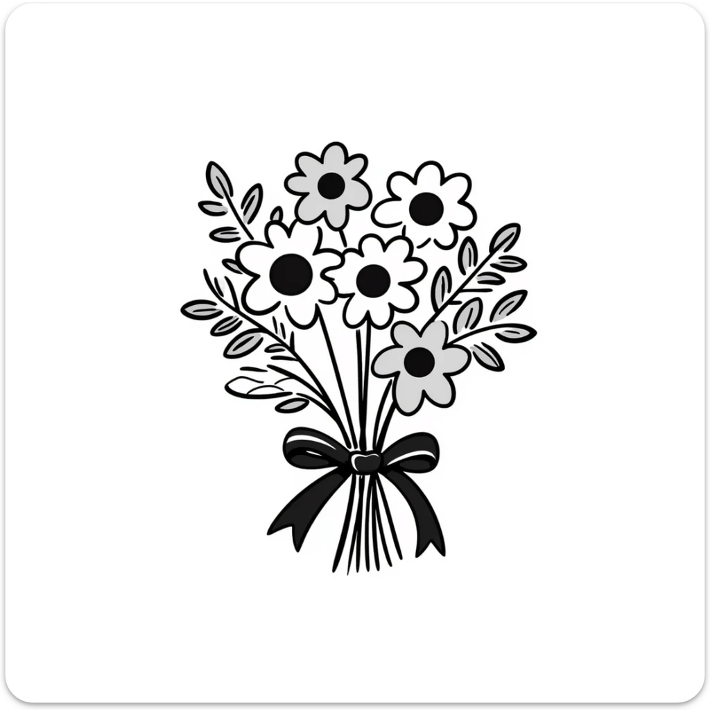 A beautiful bouquet of mixed flowers with ribbon in pastel colors (dd9fb0, ffc6d3, a3bfc9, c4bee2, f1b091), hand-drawn doodle style sticker