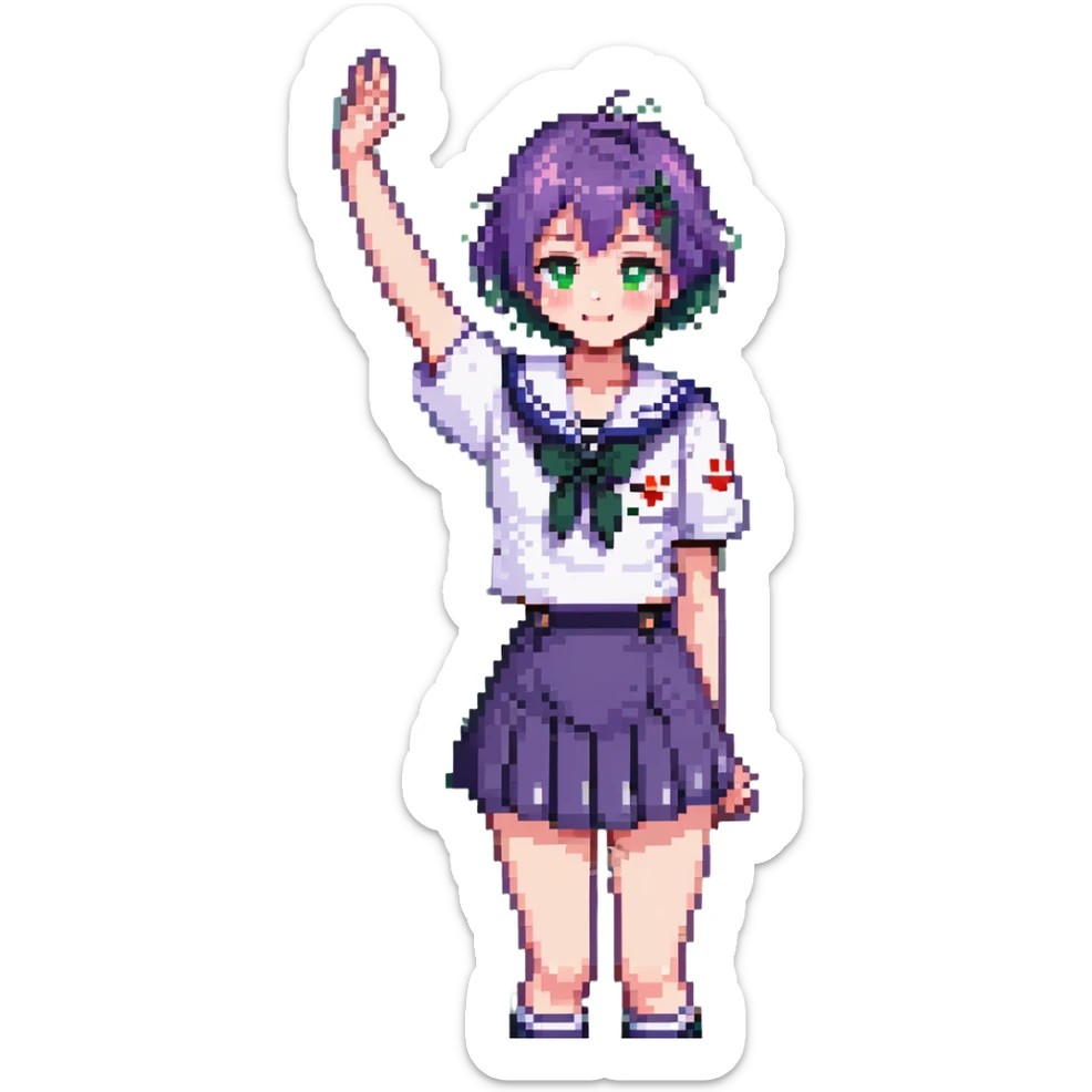 Pixel art anime girl with short bright purple hair wearing Japanese sailor style school uniform, trying to look confident with hand on hip but nervously waving with a shy blush and timid smile sticker