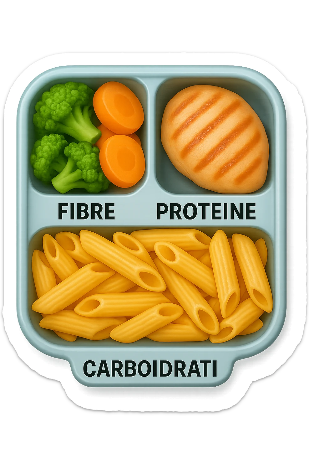 EMOJI STILE IPHONE DI una schiscetta vista dall'alto con 3 porzioni ben distinte: nelle porzioni scrivi le parole FIBRE, PROTEINE, CARBOIDRATI, iperrealistica 4k sticker