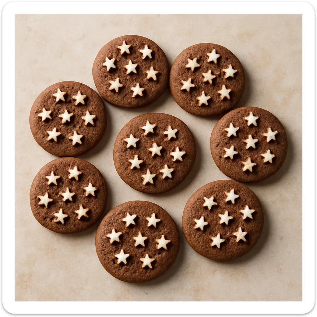photo realistic Italian Pan di Stelle cookies arranged in a circle, white stars clearly visible sticker