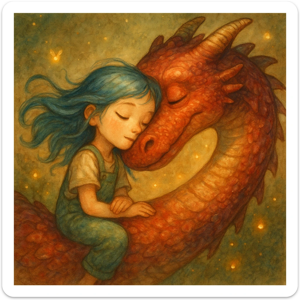 A dreamy, ethereal illustration of a young girl peacefully sleeping on the long, curved neck of a red dragon, cheek to cheek. Her blue hair flows gently as if caught in a soft breeze, and she wears delicate green overalls. The dragon’s skin has intricate, painterly textures, glowing subtly under the warm, golden light. Tiny fireflies and soft, ambient light enhance the magical atmosphere. Highly detailed, whimsical, children's book illustration style, with soft yet rich colors, gentle lighting, and a fantasy storytelling feel. Watercolor-like textures, hand-painted aesthetics, cinematic composition. sticker