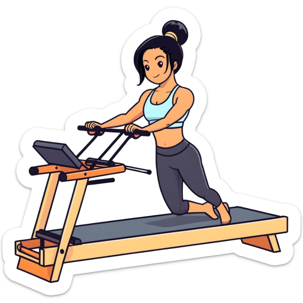 woman with tanned skin, long black hair, wearing a sports bra, doing exercise on a Pilates reformer machine sticker