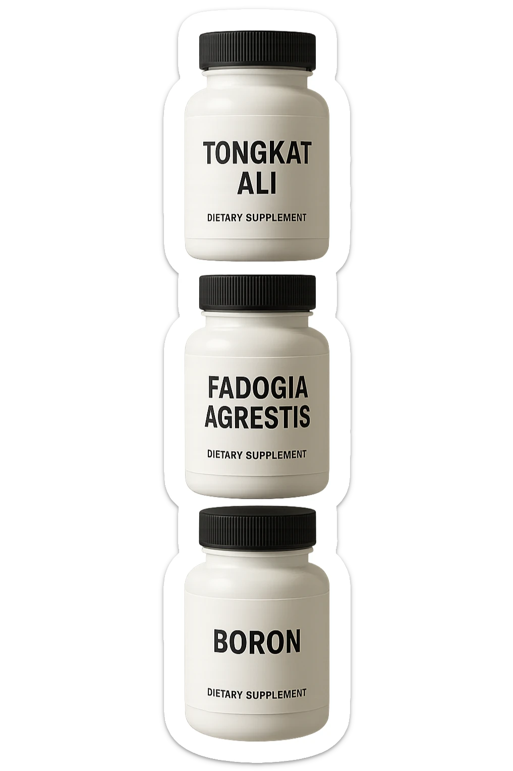 4 boccette di integratore: Tongkat Ali, Fadogia Agrestis, Boron e Zinco fluttuano in aria verticalmente sticker