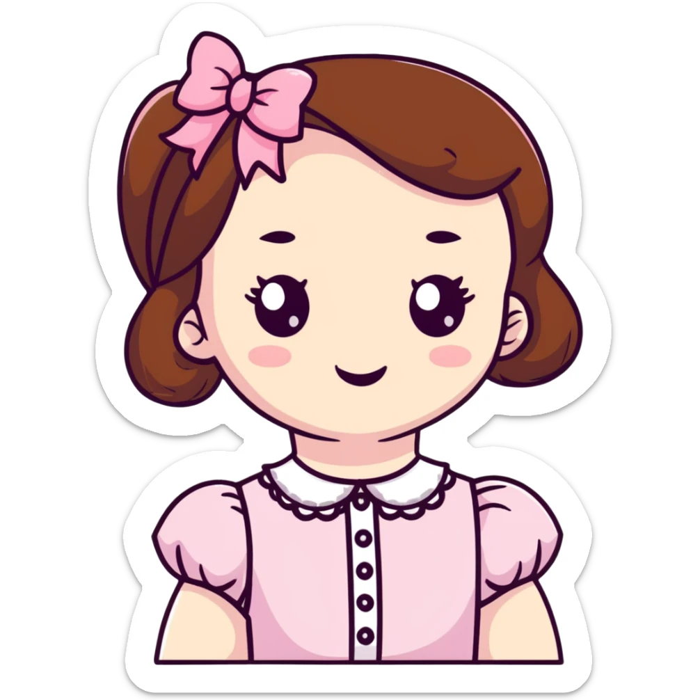 pale skin coquette girl with brown hair, pink bows, lace, pearls, dainty sticker