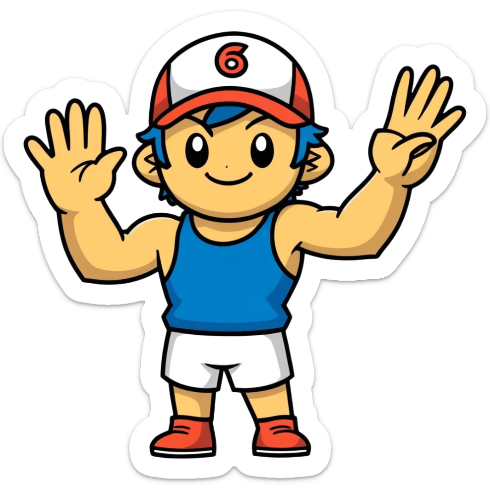 Hot handsomeb muscular 6ft tall smiling happy fun shirtless Ash Ketchum giving friends a high 5 sticker