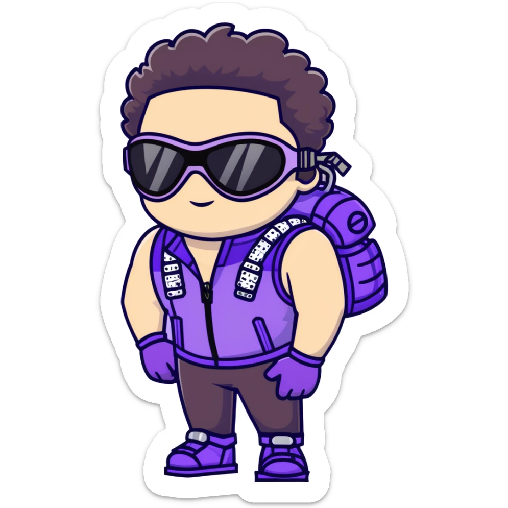 close-up of bad guy male athlete with white skin and moderately curly dark brown hair on top with shaved sides, wearing ski goggles with purple frames and very dark black lenses, a simple plain black chain necklace, and a completely unzipped sleeveless vest with purple and black sequin fire pattern design with no logo, with an extremely arrogant sneer on his face, looking menacing and villainous, exuding overconfidence and a threatening aura sticker