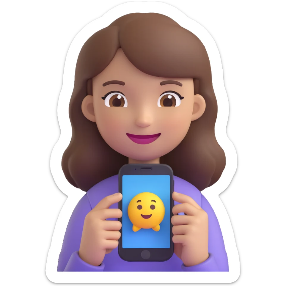 girl holding a smartphone, smiling, emoji style, with brown hair sticker