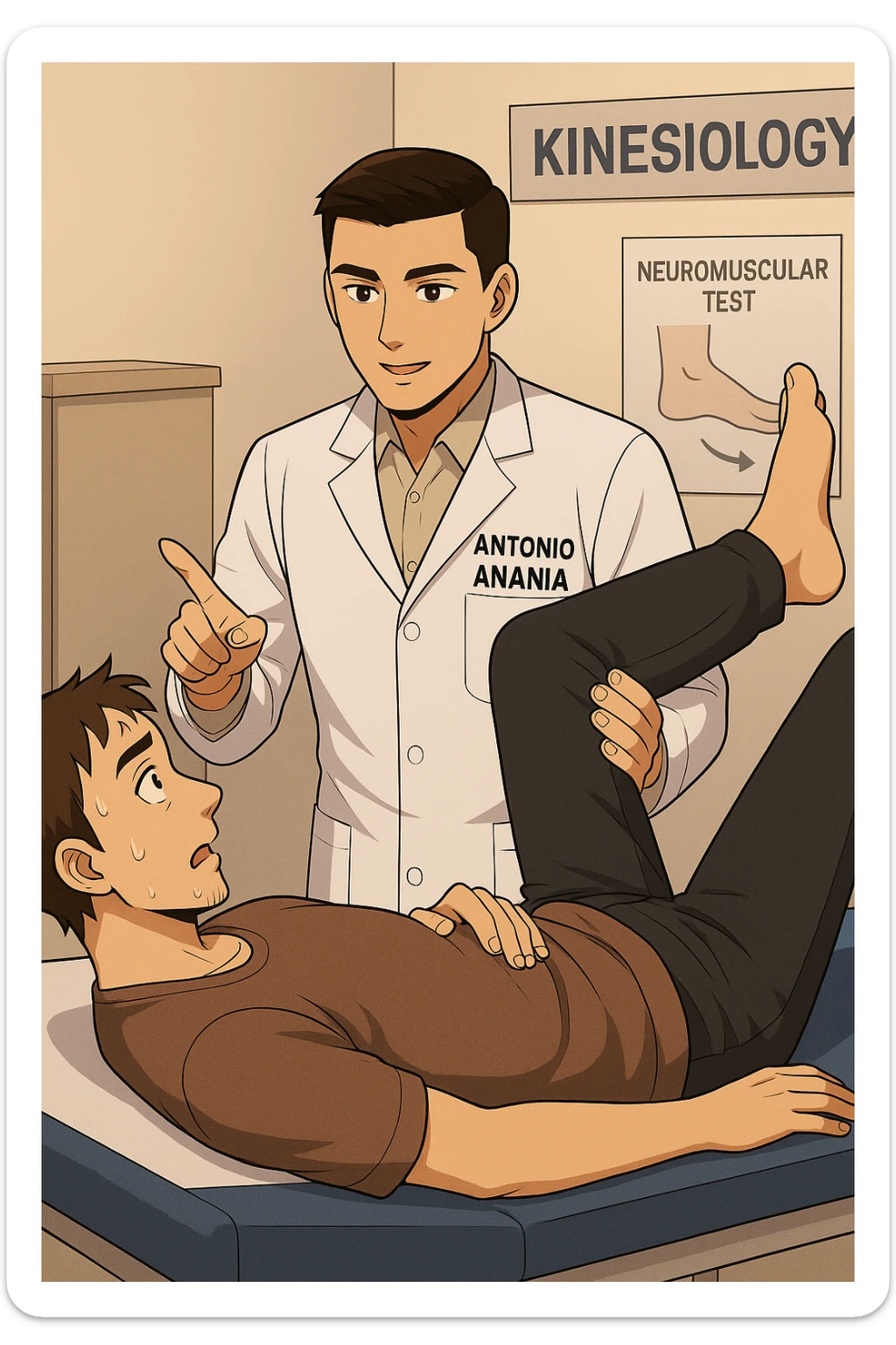 fai un webtoon manga a colori con questo stile, in cui un uomo è steso sul lettino medico e il kinesiologo con il camice bianco (fagli anche la scritta "ANTONIO ANANIA" SUL CAMICE, gli solleva una gamba per fargli il test neuromuscolare, IL KINESIOLOGO SPIEGA ALL'UOMO UNA cosa mentre gli alza la gamba. non fare i fumetti però, fai solo in modo che sembri stiano parlando sticker