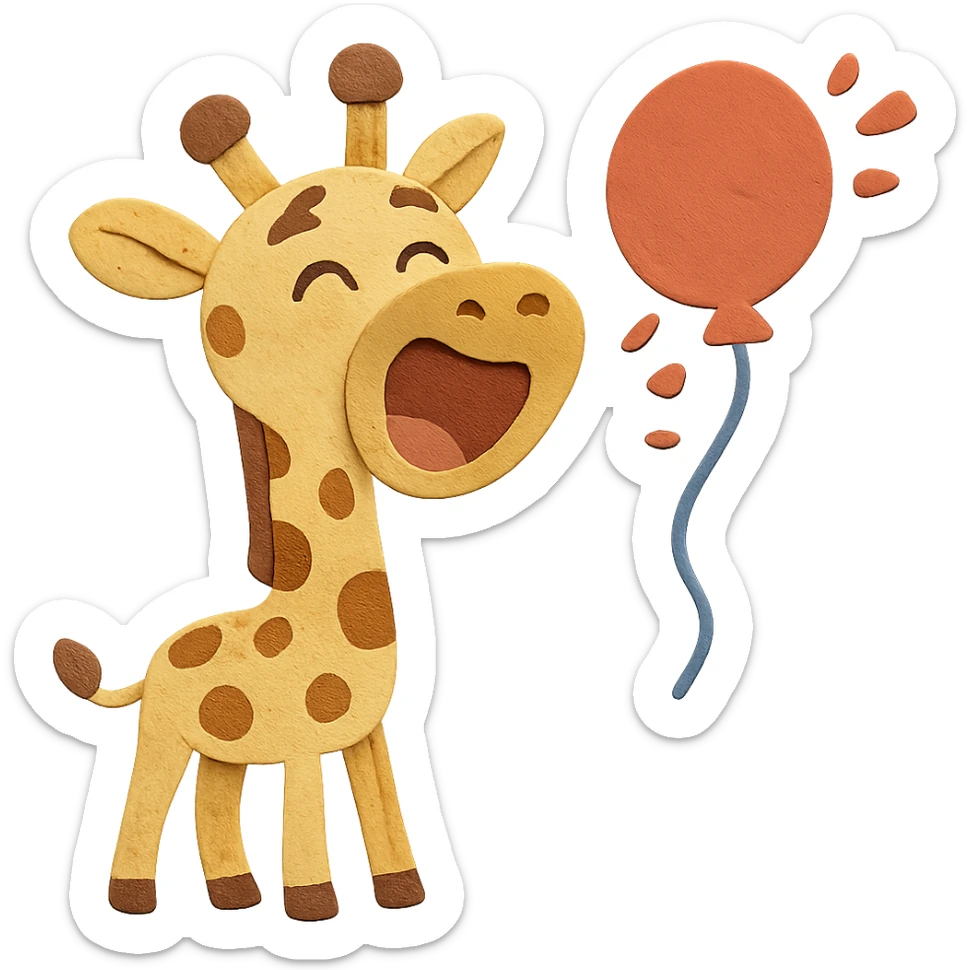 Change to full-body giraffe in paper-craft style, with a happy and laughing face, still popping a balloon. Keep all other design elements unchanged, visually appealing sticker