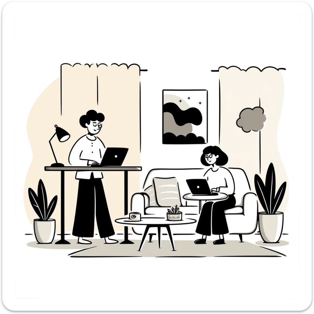 Flat illustration of a cozy mid-century living room with two people working on laptops, one man standing at a desk and one woman sitting on a couch, warm tones, two walls and floor visible sticker