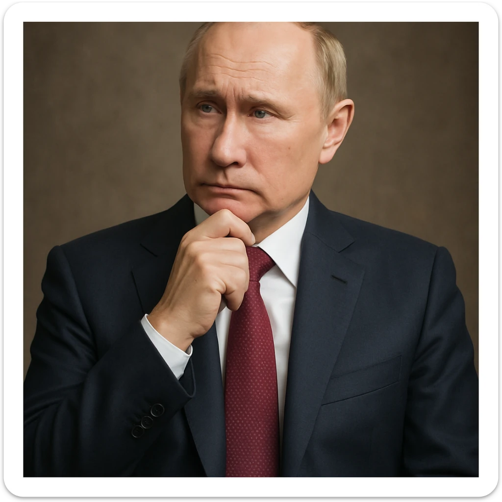 highly realistic photorealistic portrait of Vladimir Putin, looking thoughtful, full upper body visible, centered in the frame sticker