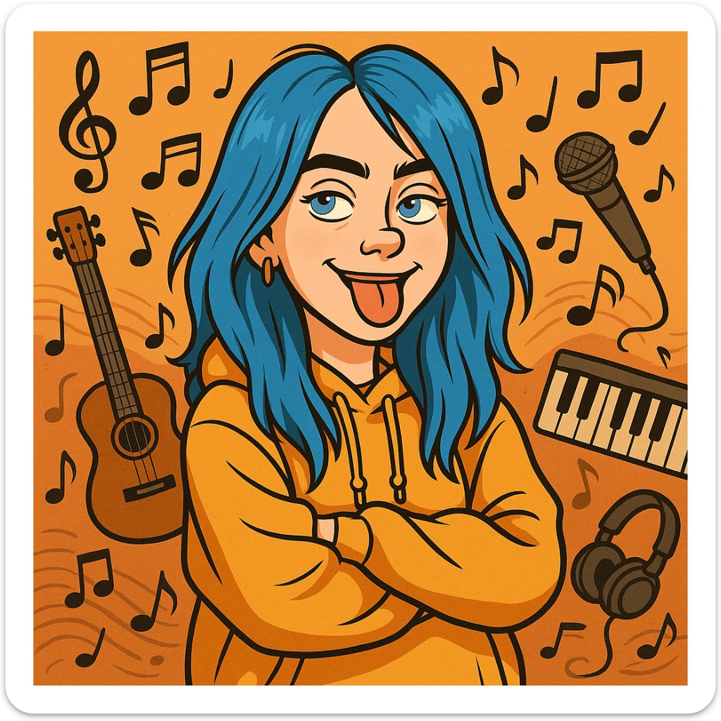 cartoon style portrait of Billie Eilish, blue hair, baggy clothes, playful expression, music theme sticker