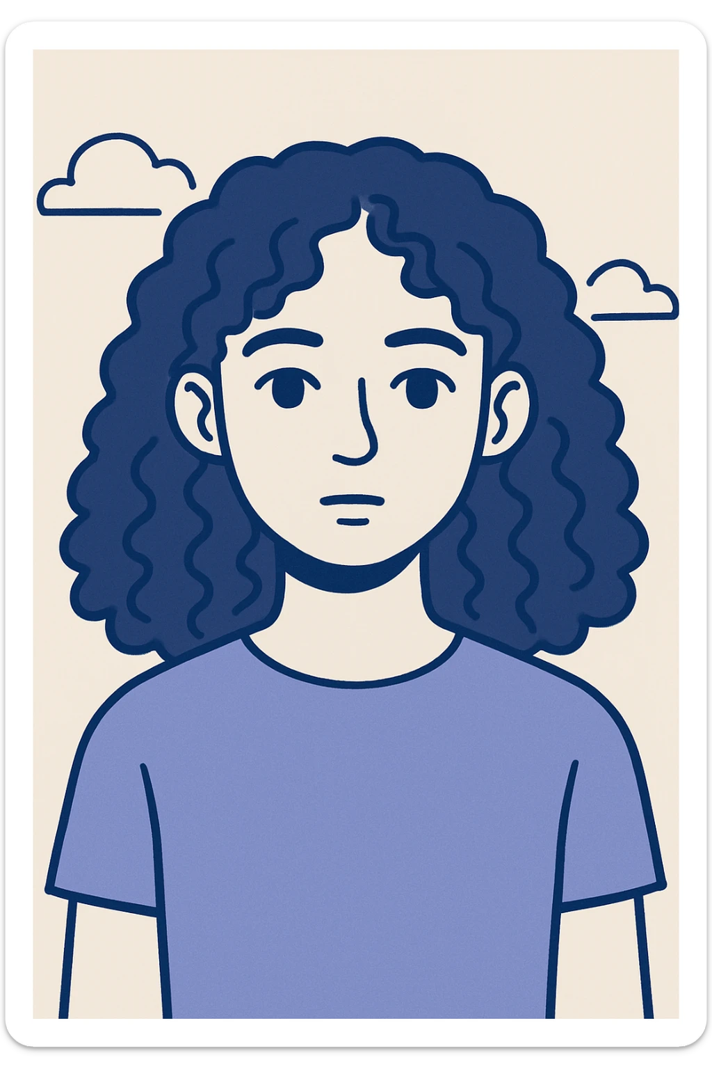 white girl with brown eyes and brown hazelnut curly hair 3b-3c, neutral expression, upper body, plain background, modern illustration style sticker