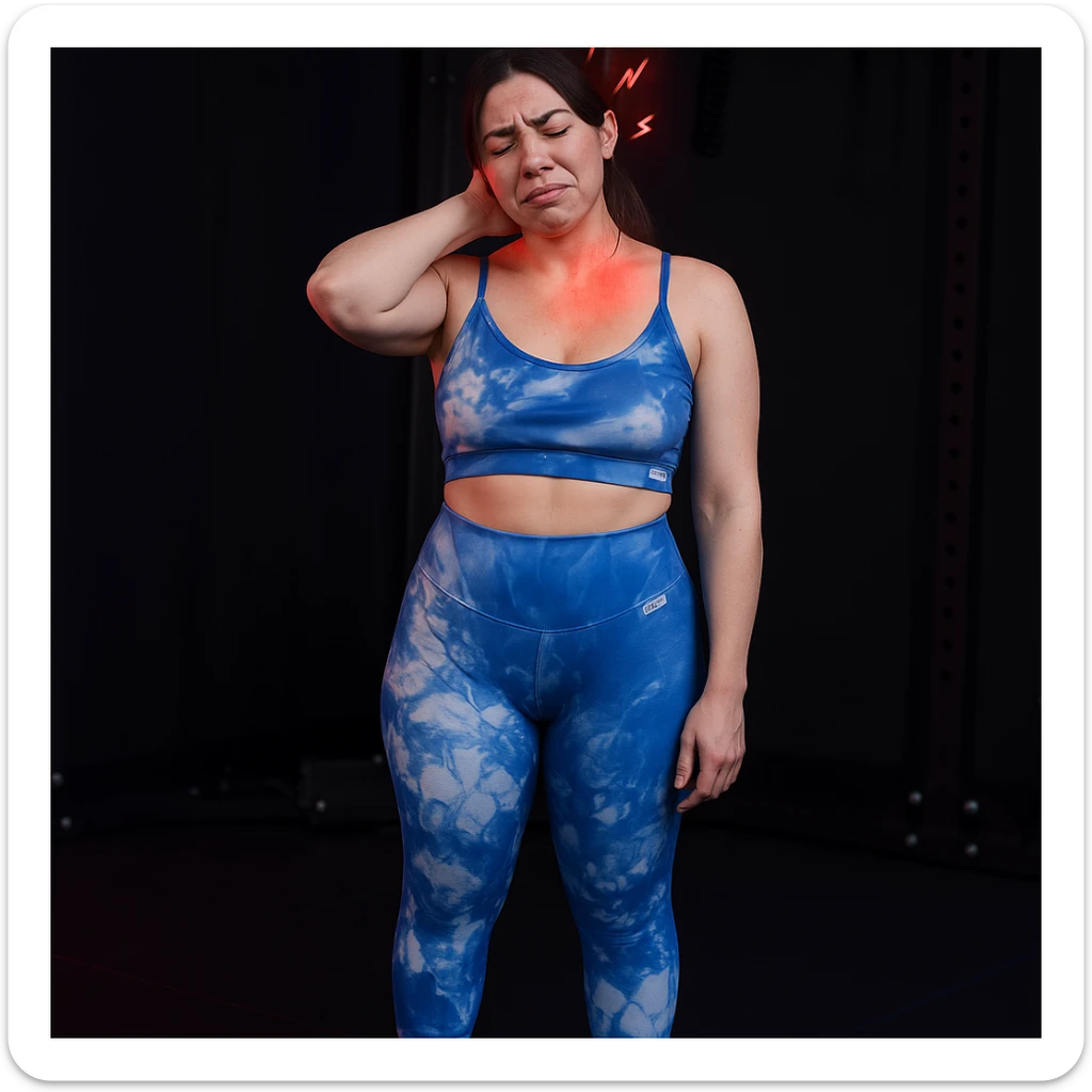 Realistic style edit of the girl identical to the photo with one hand on the nape and a suffering face, pain symbols like red lights and lightning on neck and head. sticker