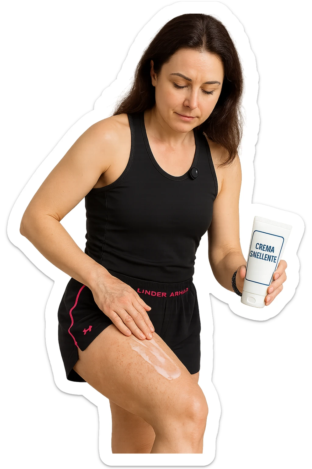 Donna con cellulite sulle cosce che usa una crema chiamata "Crema snellente" senza mano in alto sticker