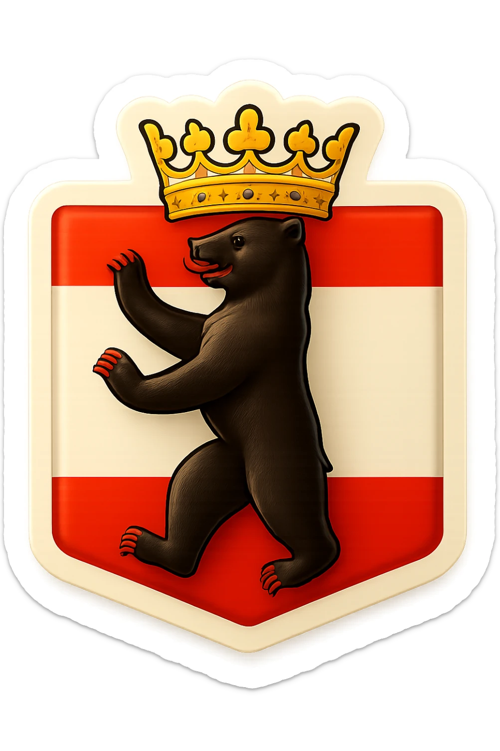 Create an emoji of the Berlin Bear wearing a crown, less cartoonish, with the Berlin flag as the background, no text. The style should be retro stickers style with clear and vibrant colors, maintaining the iconic features of the Berlin Bear but with a more realistic and less cartoonish look, and a regal crown on its head. sticker