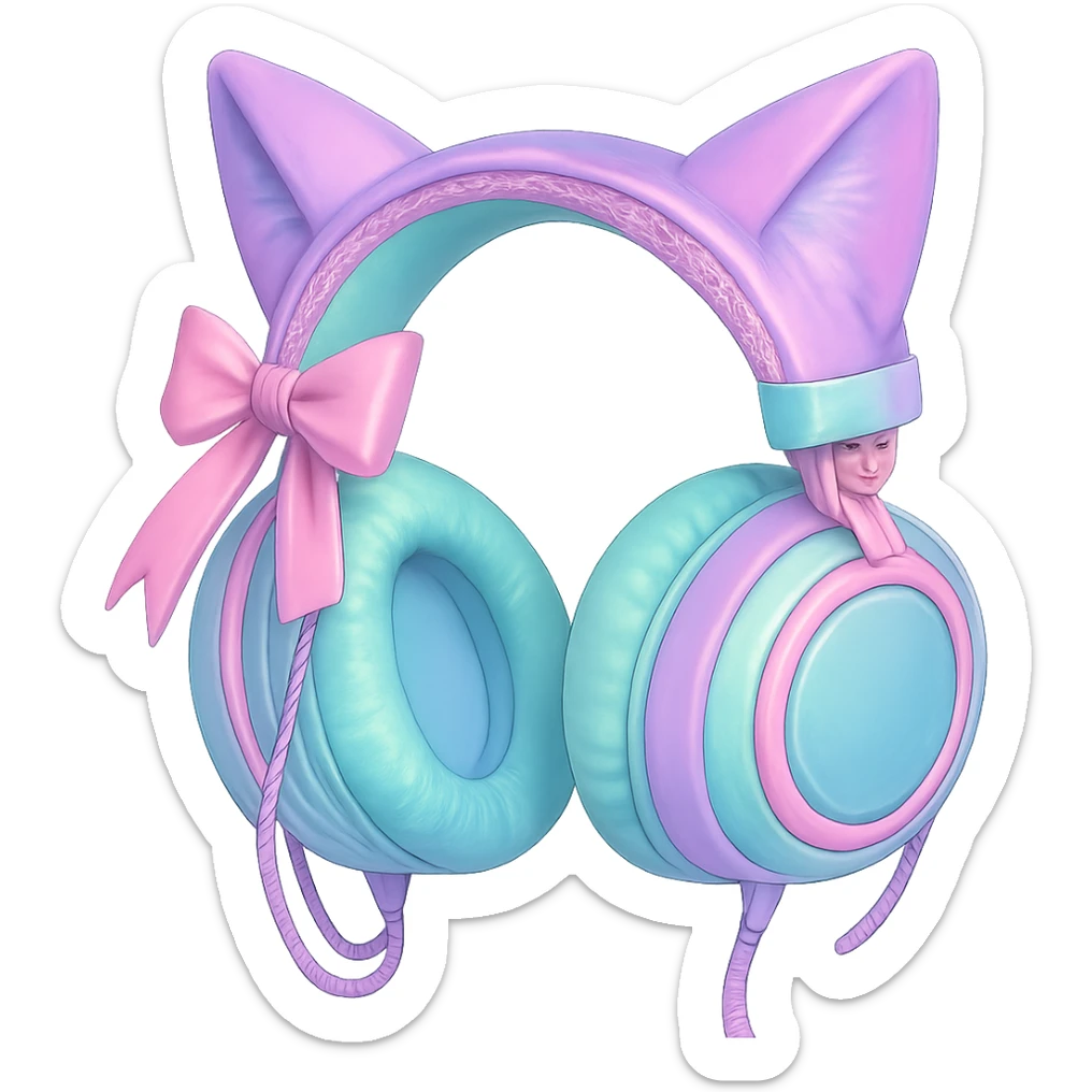 Change the image to pastel goth colors including lavender, mint, baby pink, and pale blue. Keep the cat ears. Render in a realistic anime style with a transparent background. sticker
