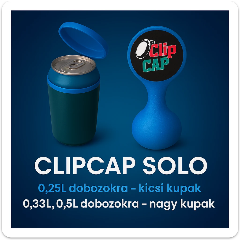 A kupakokat színezd át kékre. A CLIPCAP DUO felírat helyett CLIPCAP SOLO felírat legyen, a "kicsi és nagy kupak a csomagban" szöveg helyett "0.25L dobozokra - kicsi kupak" és a "0.33L,0.5L dobozokra - nagy kupak" külön sorban. A 0.25L, a 0.33L, a 0.5L-t ponttal írd! sticker