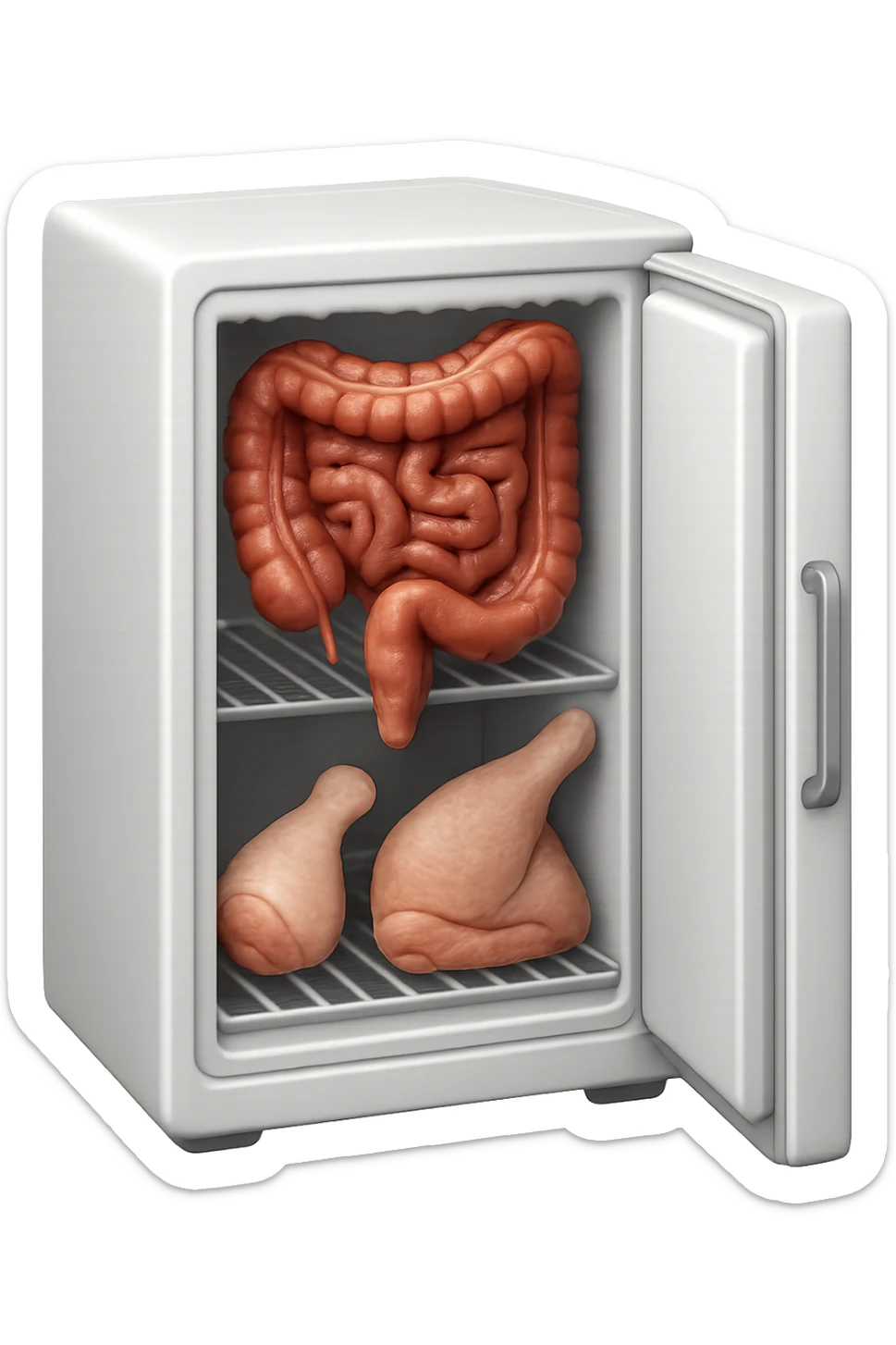 emoji stile iphone DI UN CONGELATORE CON INTESTINO realistico DENTRO INSIEME A PORZIONI DI POLLO E TACCHINO, iperrealistico 4k sticker